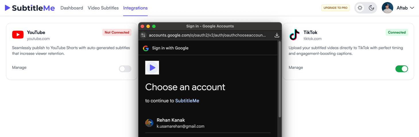 Connect YouTube account with SubtitleMe.ai
